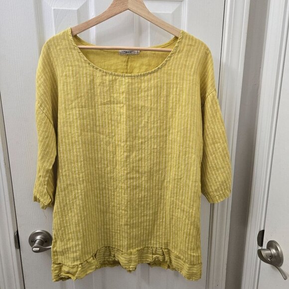 Lungo L'arno Tunic Top M/L‎ Italy Yellow White Stripes Linen Ruffle Lagenlook - Picture 1 of 8